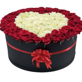  Цветок в Белек 101 шт. Сердце из красных и белых роз в черной коробке